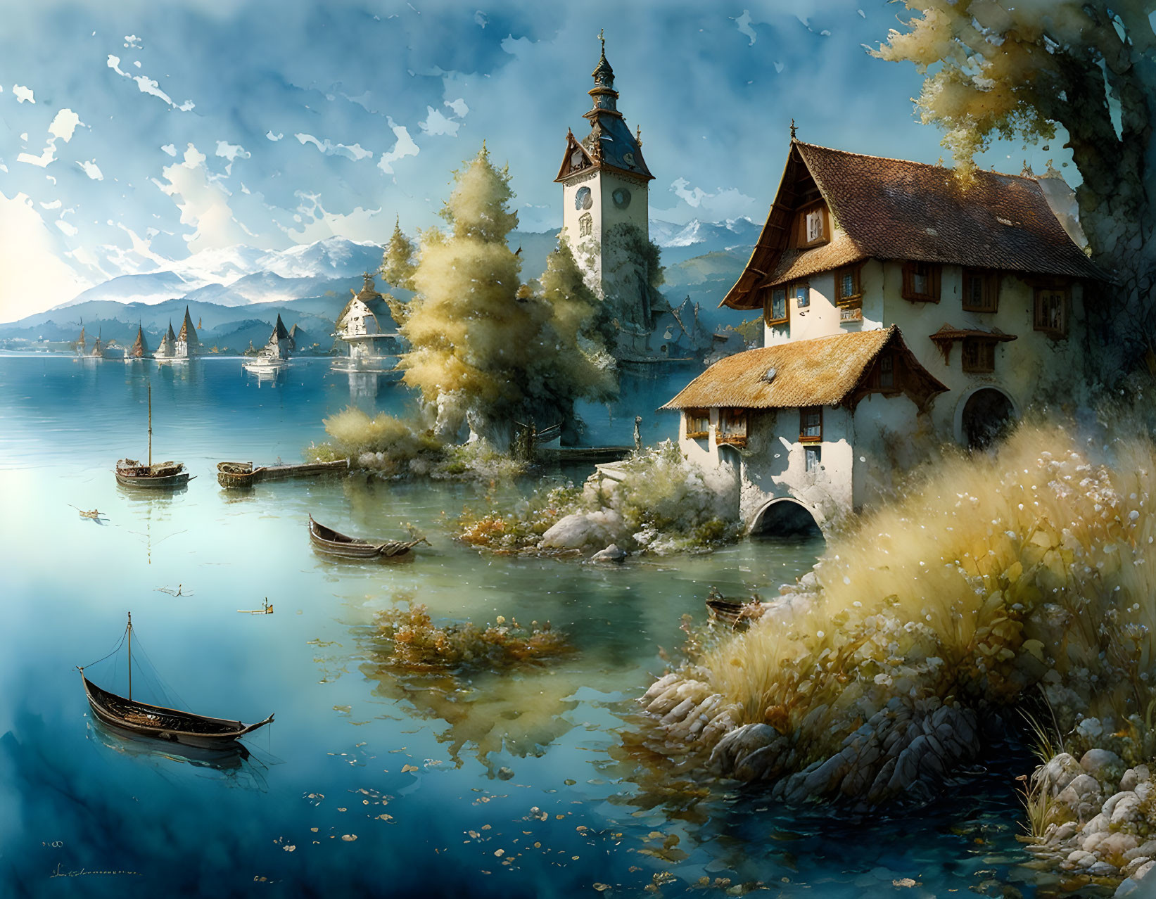 Traditional lakeside scene with clock tower, boats, and autumn trees.