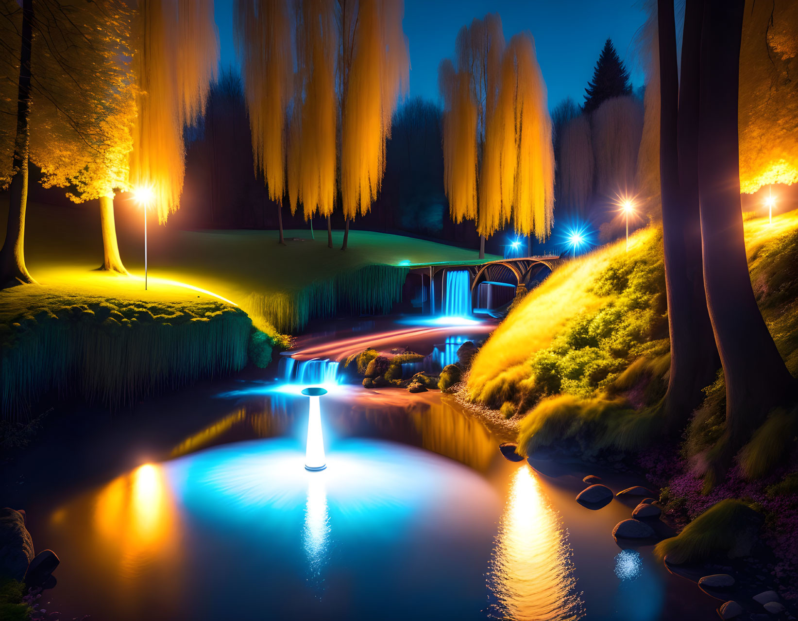 Fantasy landscape with glowing trees, luminous waterfall, and ethereal lights