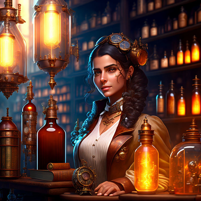 Victorian steampunk woman with goggles in study with glowing potions and machinery