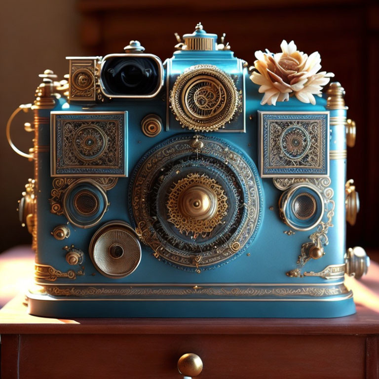 Intricate steampunk-inspired machine with blue and gold accents