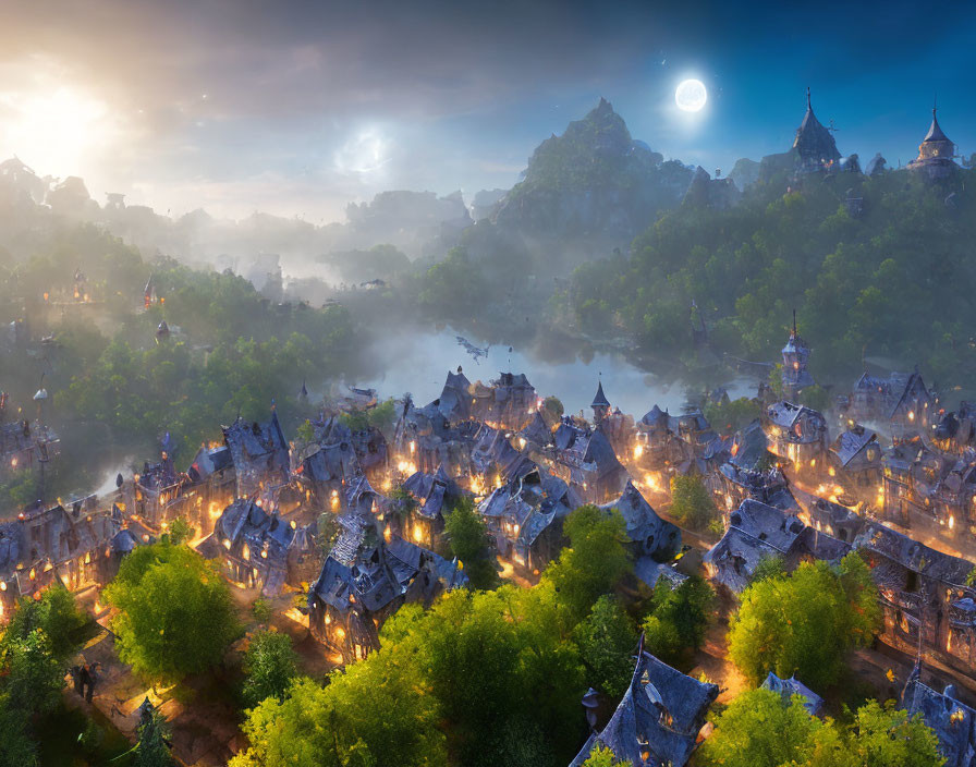 Medieval village at sunrise with illuminated houses and misty atmosphere