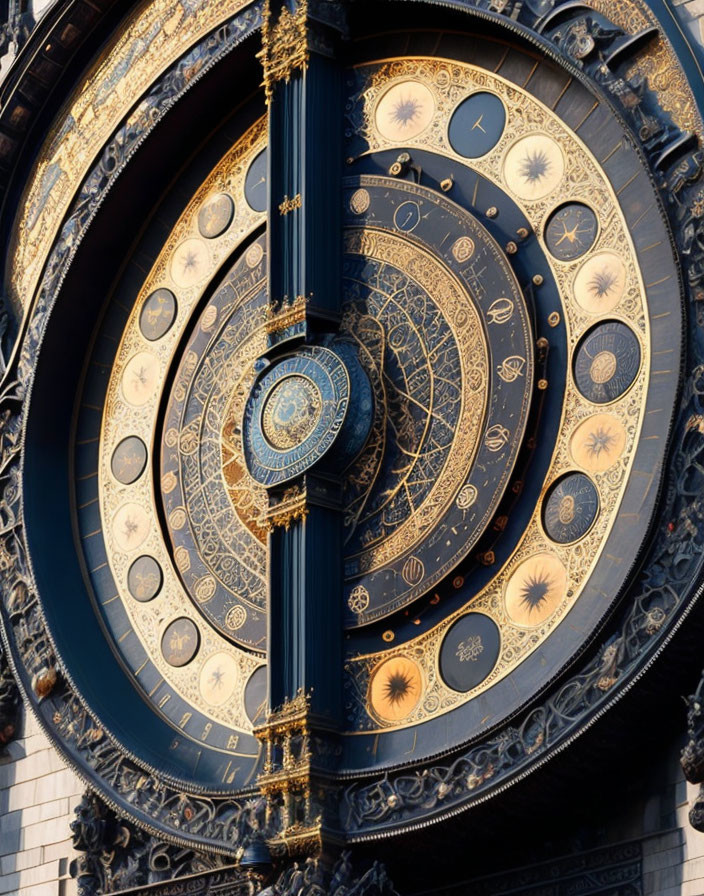 Intricate Astronomical Clock with Zodiac Symbols and Gold Adornments