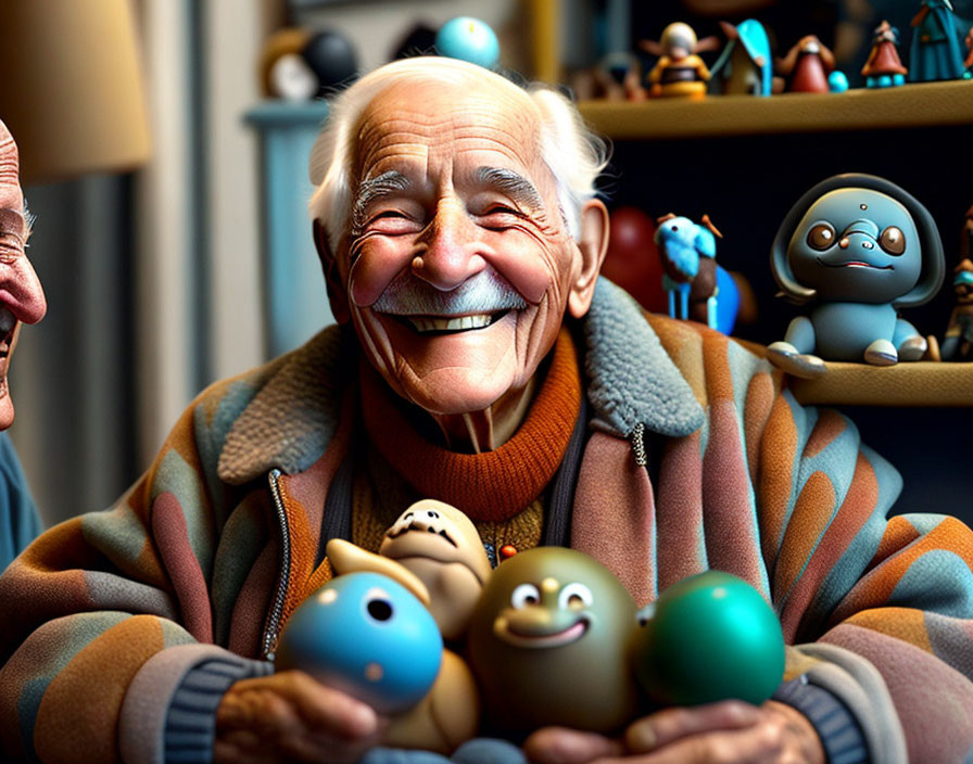 Elderly man with mustache holding animated eggs, surrounded by colorful creatures.