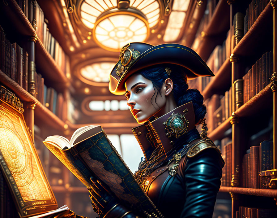 Steampunk woman reading book in cozy library with circular window and old tomes