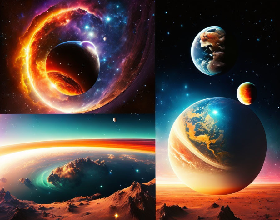 Four Vibrant Space Scenes: Planets, Galaxy, Cosmic Landscapes