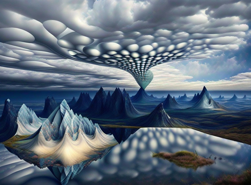 Surreal landscape with undulating mountains and reflective water surface