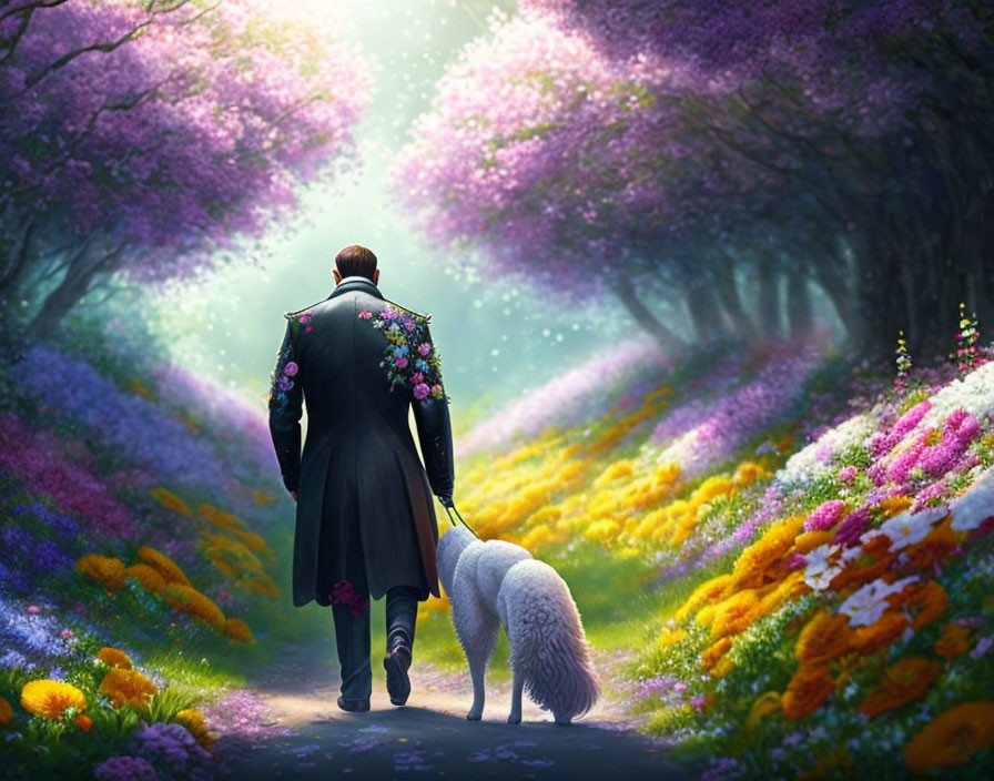 Man in flower-adorned coat walks poodle on vibrant, mystical path