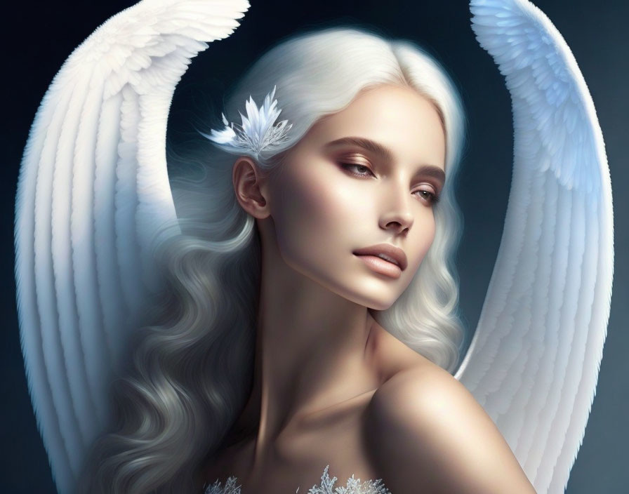 Digital portrait of woman with angelic wings, pale skin, white hair, and ethereal glow