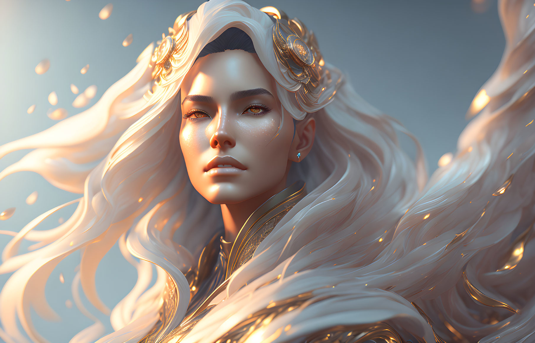 Ethereal woman with white hair and gold accents in digital art