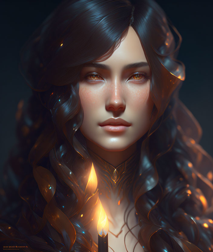 Digital portrait of woman with glowing tattoos and dark hair under candlelight