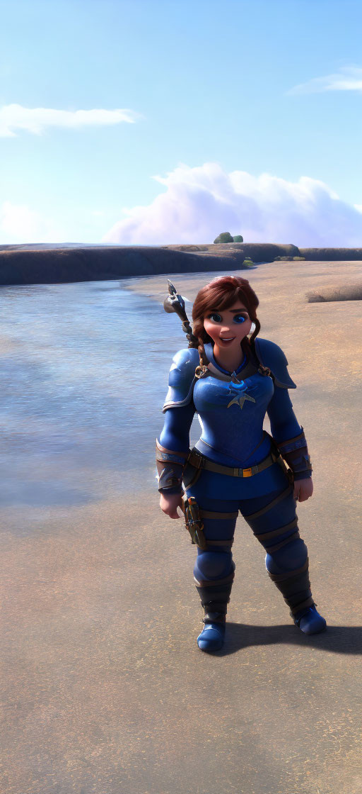 3D animated female knight in blue armor on sandy shore