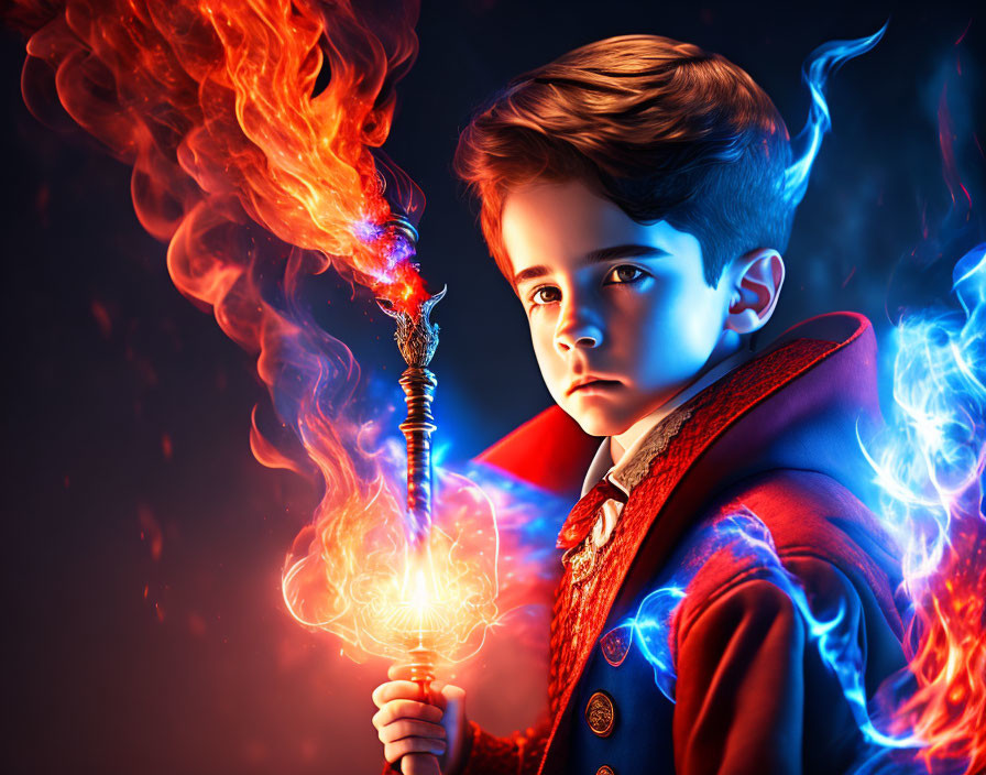 Young boy with glowing magical staff in fantasy setting surrounded by intense flames