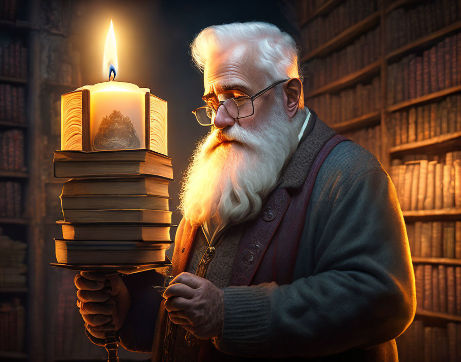 Elderly man with beard and glasses holding books in library setting