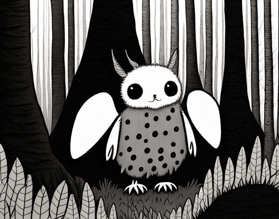 Fantastical creature with large eyes, bunny-like ears, wings, and dotted fur in forest