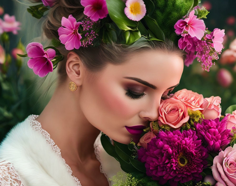 Woman with Flower Crown Embracing Bouquet of Pink and Peach Flowers