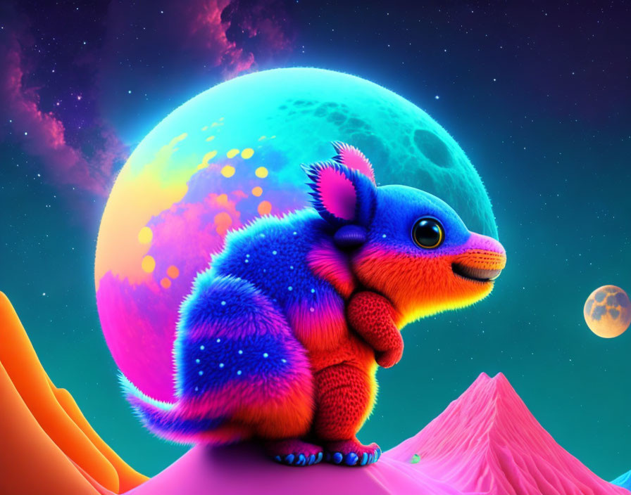 Colorful creature in neon world with two moons