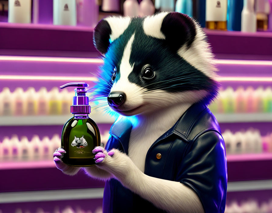 Anthropomorphic badger in leather jacket with perfume bottle in colorful shop.