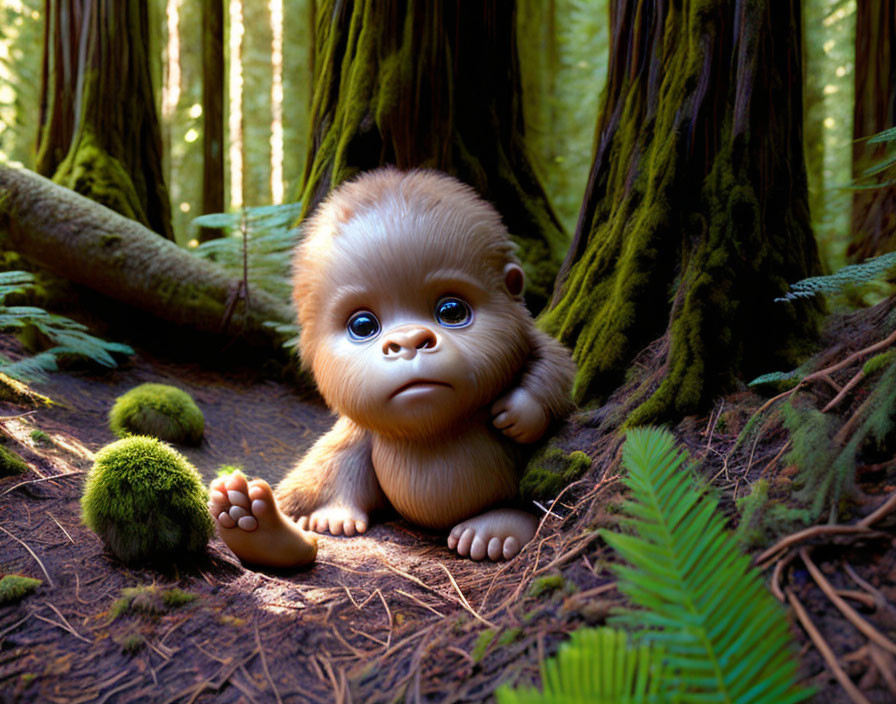 Animated baby creature in sunlit forest with big eyes and fluffy fur