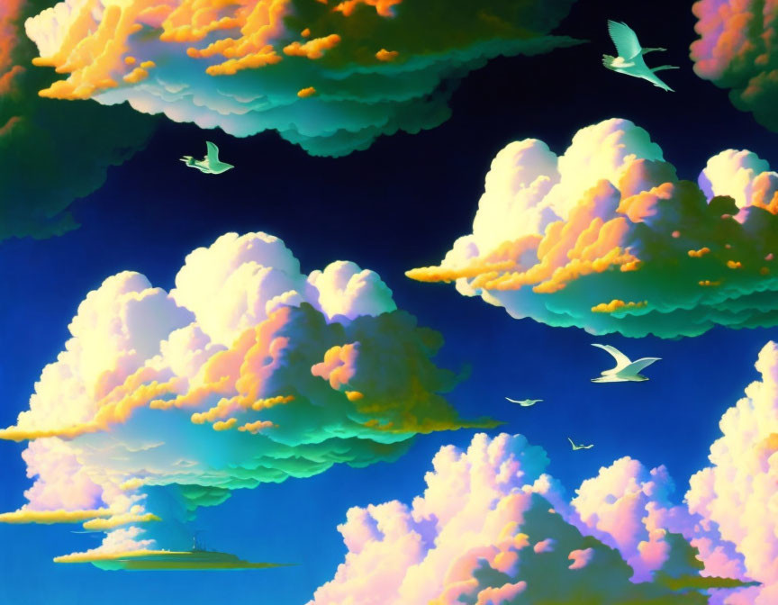 Colorful Cloud Painting with Birds in Dreamlike Sky