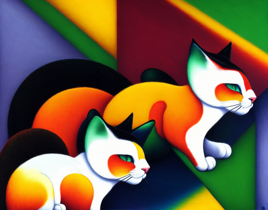 Colorful Stylized Cats on Geometric Background with Vibrant Rays