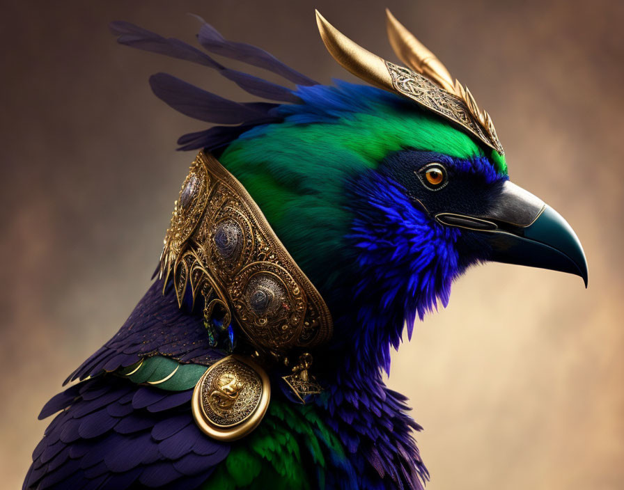 Emerald-green bird with golden headdress and armor