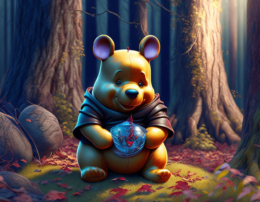 Chubby golden bear in cloak with blue orb in mystical forest