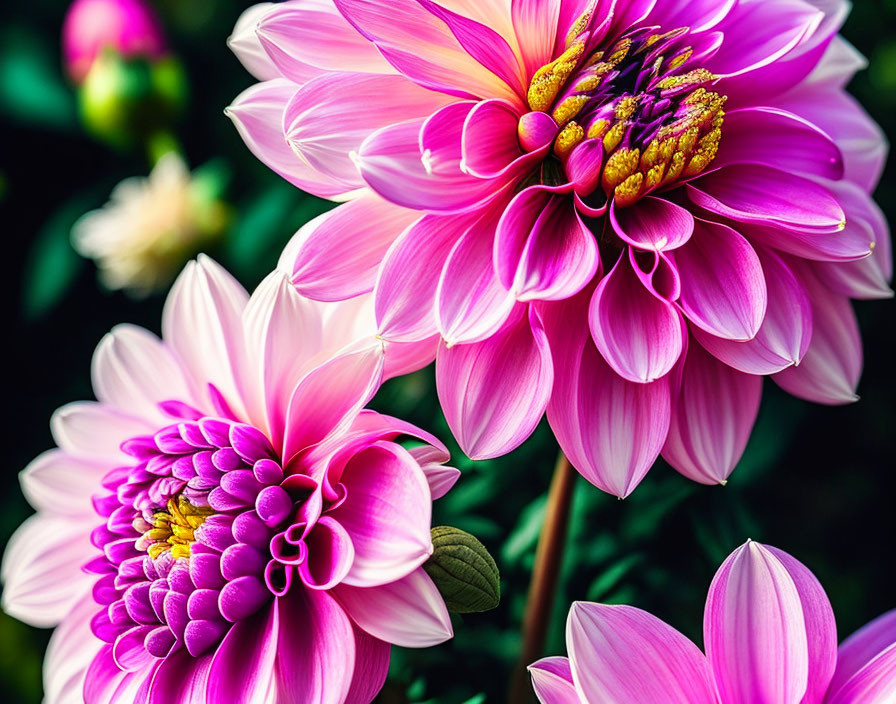 Pink and White Dahlias with Yellow Centers on Dark Green Background