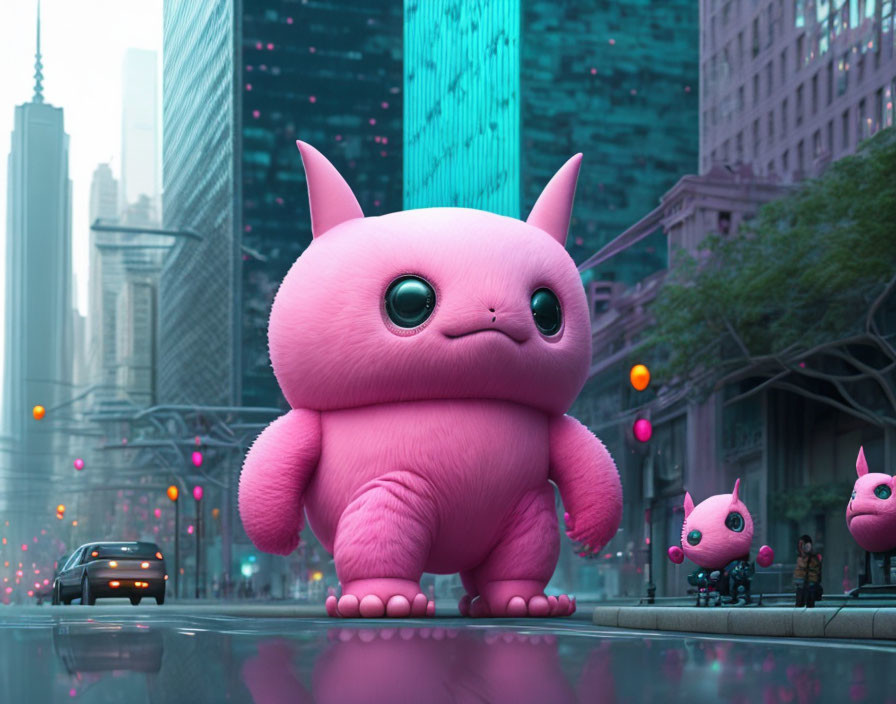 Pink stylized creature in futuristic city with big eyes