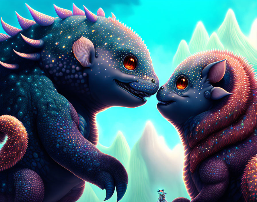 Stylized fantastical creatures with blue skin and spiky backs on icy mountain scene