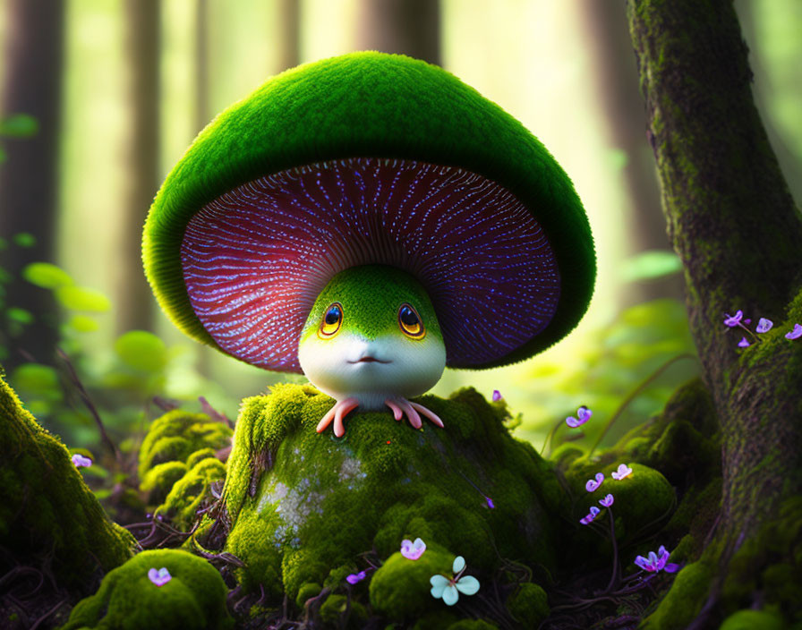 Imaginative creature with mushroom cap in mystical green forest