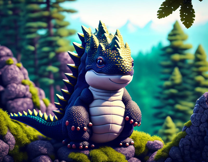 Smiling animated dinosaur in vibrant forest setting