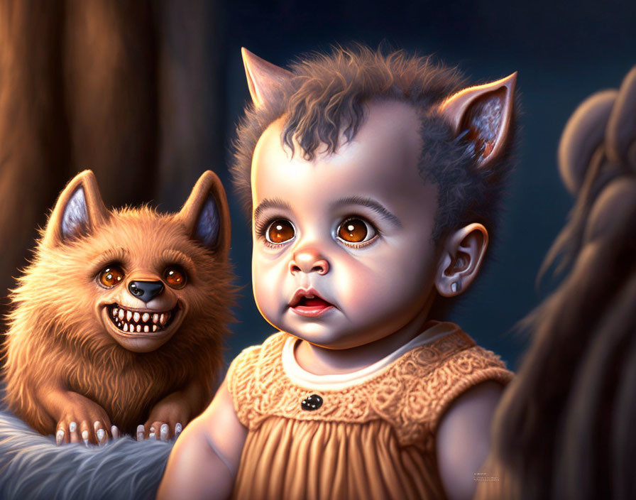 Illustration: Baby with cat-like ears beside smiling, fluffy brown dog creature