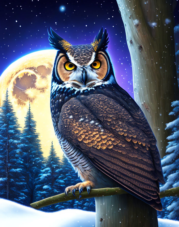 Majestic owl on branch under full moon in snowy forest