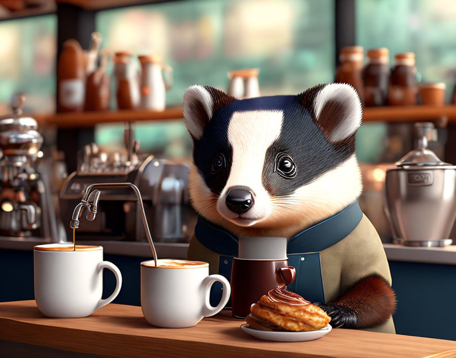 Anthropomorphic badger pouring coffee in a cafe with pastry and espresso machines