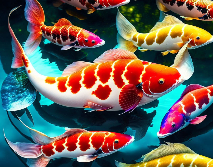 Colorful Koi Fish Swimming in Clear Blue Water