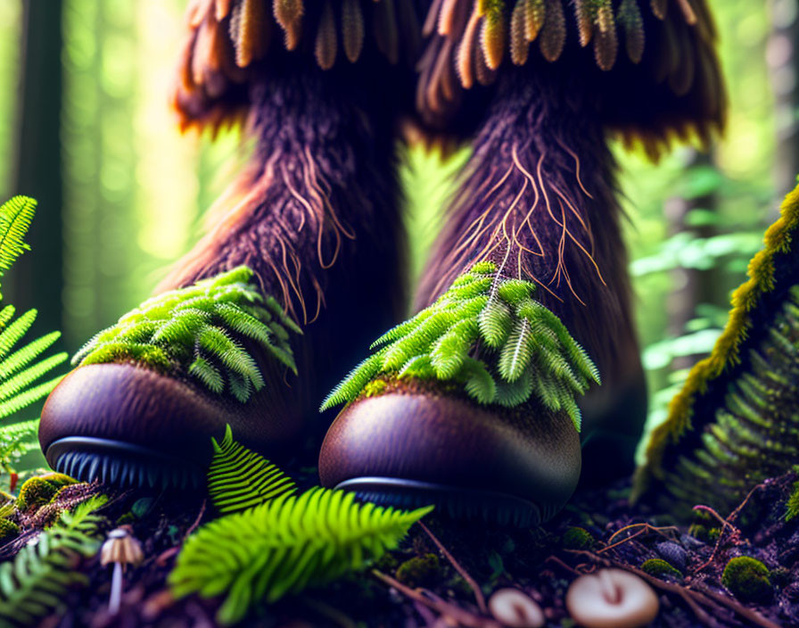 Fantasy-themed image: Human feet with mushroom cap shoes, fern laces, in vibrant forest.