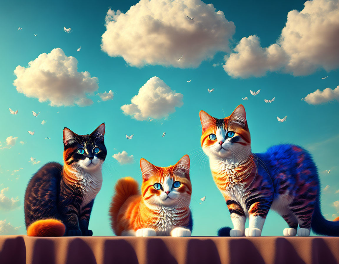 Three cartoon cats on rooftop with birds and blue sky.