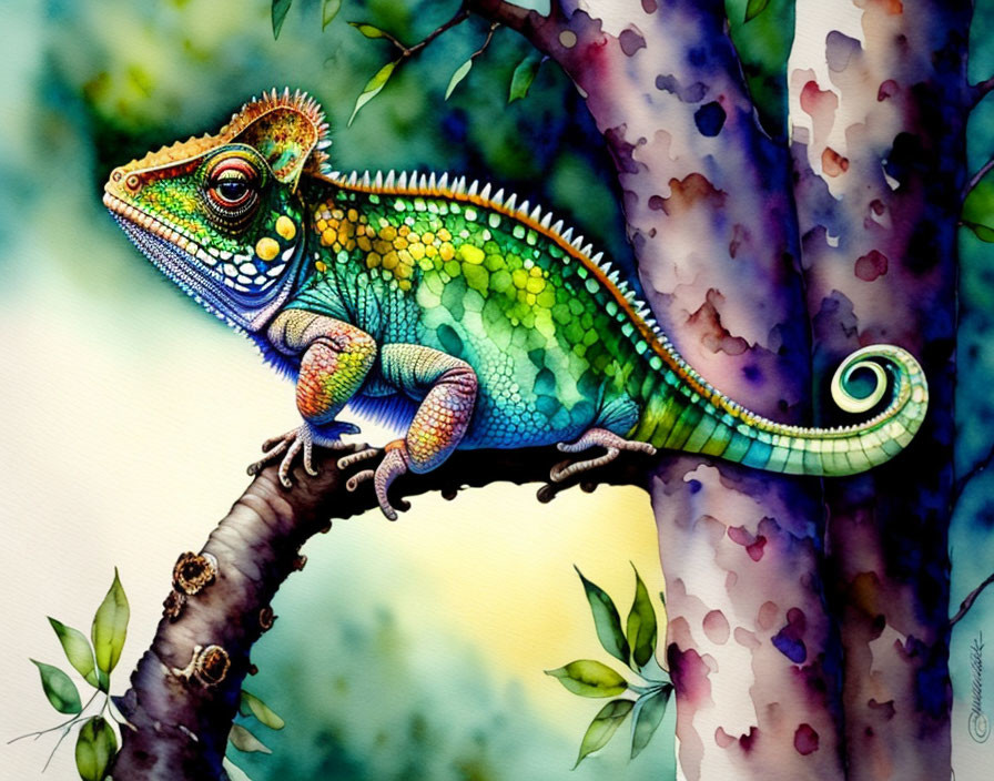 Colorful Chameleon Watercolor Painting on Branch