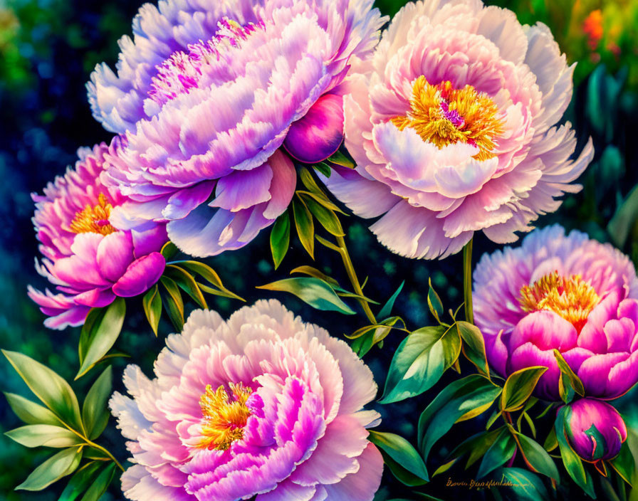 Colorful pink and purple peonies with yellow centers in full bloom among lush green foliage