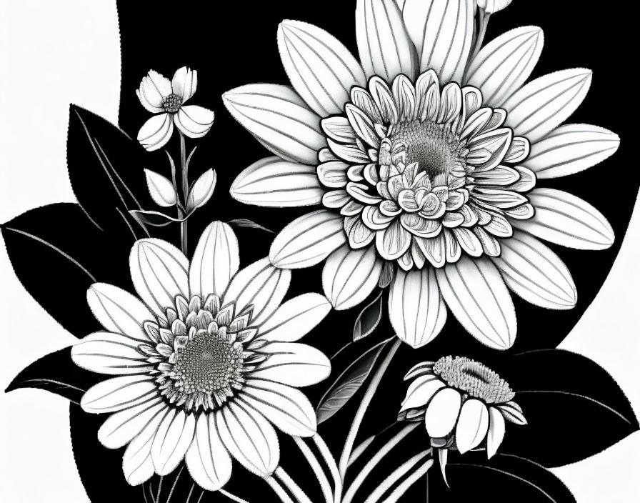 Detailed monochrome floral illustration on dark background