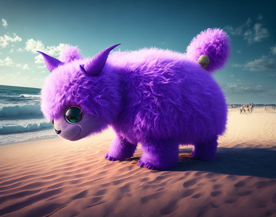 Fantasy creature with horns on sandy beach.