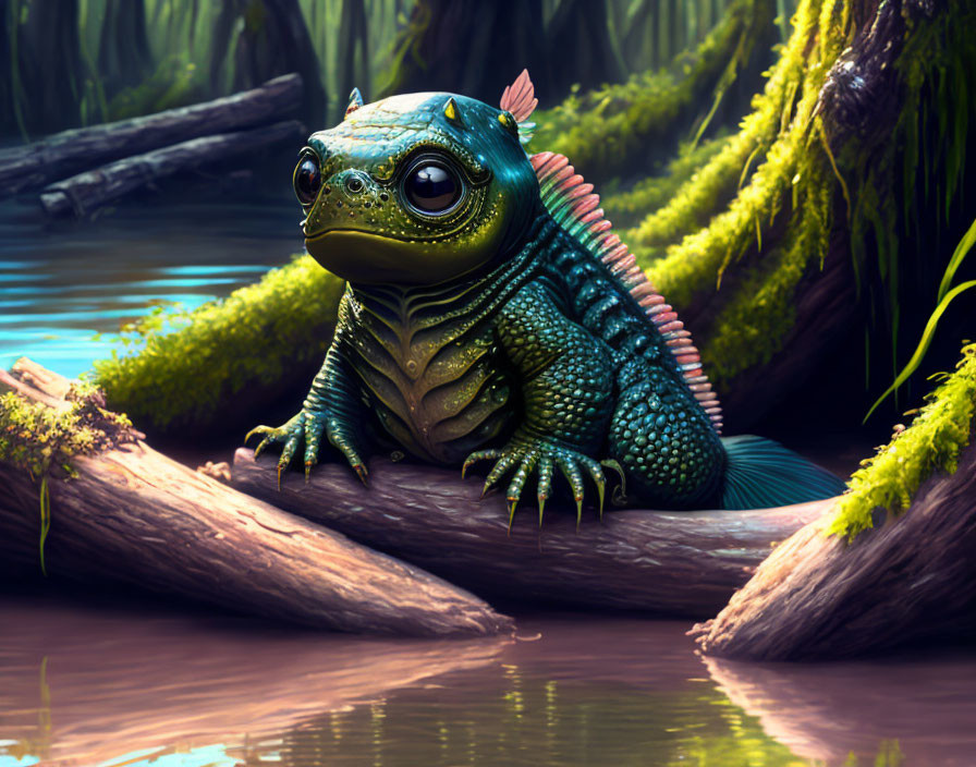 Colorful Stylized Frog Illustration in Mystical Swamp