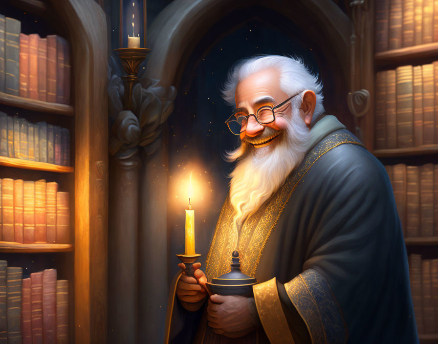 Elderly man with white hair and beard holding a candle in front of bookshelf