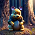 Chubby golden bear in cloak with blue orb in mystical forest