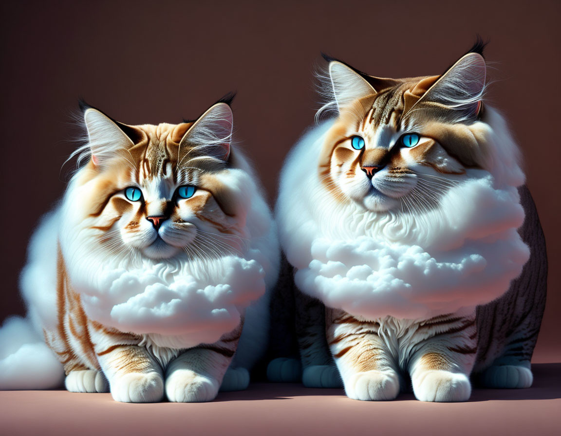 Orange and White Striped Cats with Blue Eyes and Fluffy Fur Collars on Brown Background