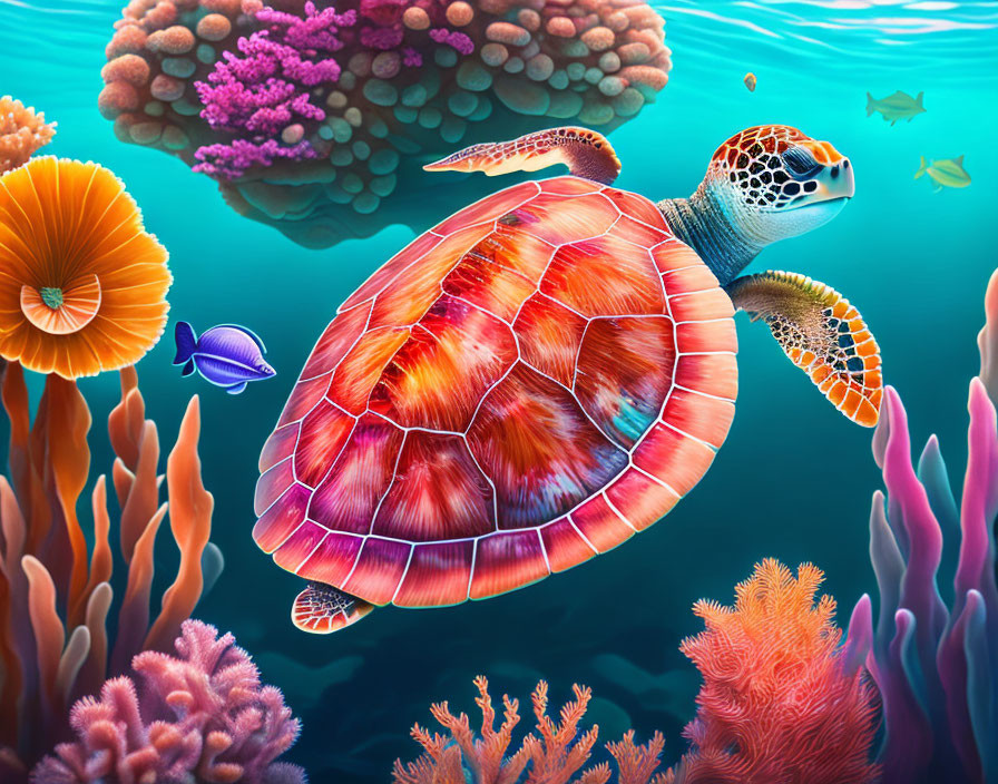 Colorful Sea Turtle Swimming Among Coral Reefs and Tropical Fish