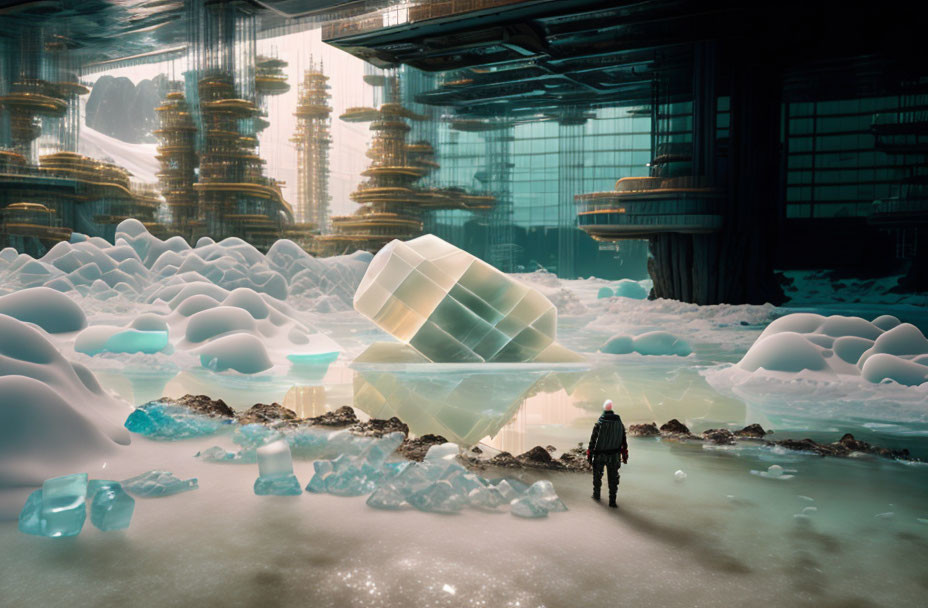 Person standing on snowy ground with glowing crystal and futuristic buildings in hazy sky