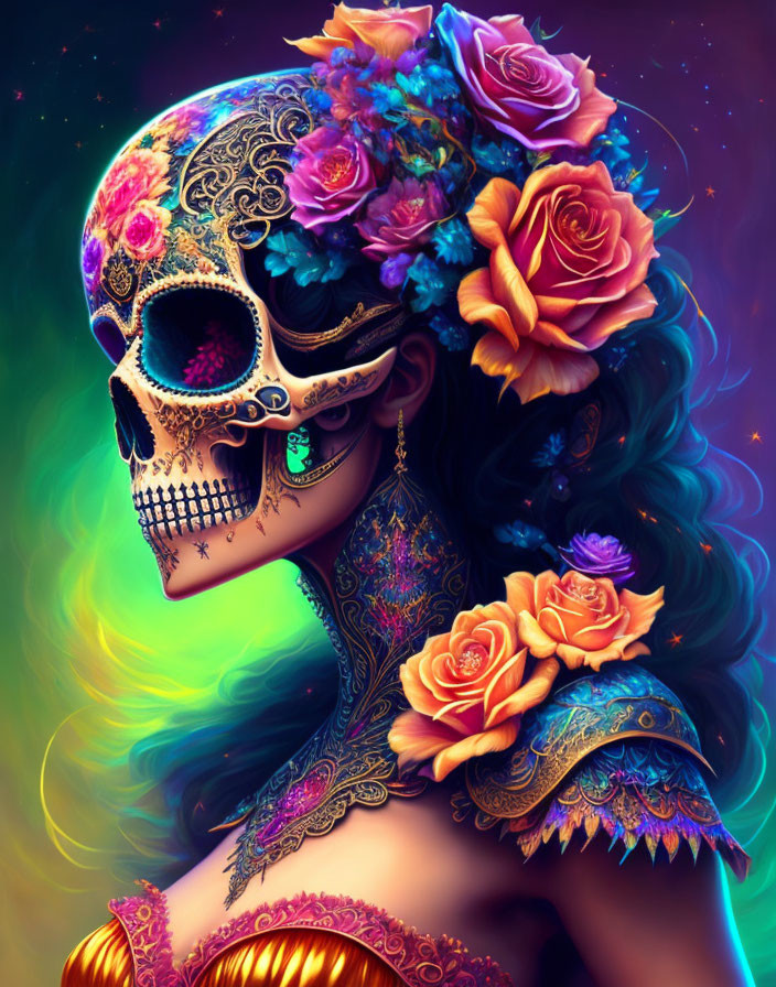 Detailed Skull Illustration with Floral Decorations on Neon Background