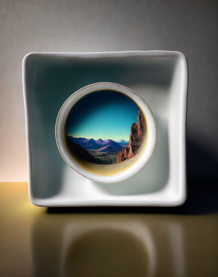 Ceramic cup with mountain landscape design on plate against gray backdrop