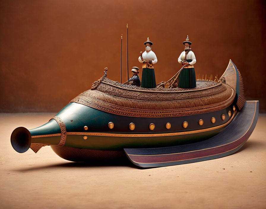 Whimsical illustration of figures on musical boat in warm-toned backdrop